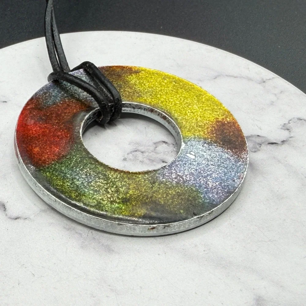 SA Signed Multicolor Glitter Donut Pendant Black Cord Necklace Modernist Art